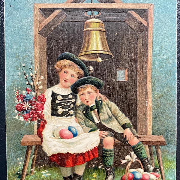 GC+ Rare Vintage 1909 Easter German Postcard Frobes Osterfest Victorian Boy & Girl Egg Basket Bell Textured Embossed Antique Stamp Sent 620
