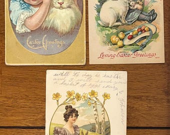 SET of 3 Rare Vintage 1908 Easter Postcard Victorian Girl w Bunny Silver Gilded Textured Embossed Antique Stamp Sent Unsent Undivided Back6f