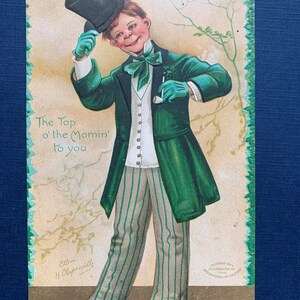 VGC+ antieke gesigneerde Ellen Clapsaddle St. Patrick's Day-ansichtkaart Little Boy Gentleman Green Suit Leprechaun Top of the Morning reliëf, niet-verzonden