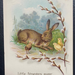 May include: An Easter card featuring a brown rabbit with a white tail, sitting on a bed of green grass with three yellow chicks. The background is a light blue sky with white willow branches with fluffy white buds.