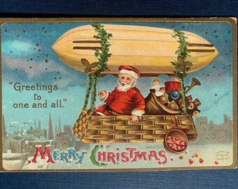 VGC Vintage Christmas Postcard German Santa Claus Belsnickle Flying Blimp Basket Toy City Signed Ellen Clapsaddle Antique Unsent Embossed