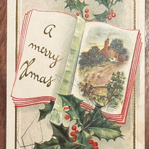 Rare Vintage A Merry Xmas Christmas German Postcard Open Storybook Beautiful Landscape Farm Gold Gilded Textured Embossed Antique Unsent 8q