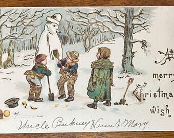 EXC Rare Vintage German Christmas Tuck & Sons Postcard Kids Build Snowman Gold Gilded Textured Embossed Antique Nearly Unwritten Unsent 913