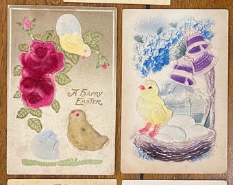 SET of 5 Rare Vintage 1908 Easter German Postcard Chicks Chirp Eggs Nest Bells Gold Gilded Textured Embossed Antique Stamp Sent Unsent 864