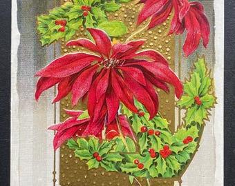 GC Rare Vintage 1910 John Winsch German Merry Christmas Postcard Holly Berry Red Flower Textured Embossed Gold Gilded Antique Stamp Sent 350