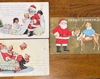 SET of 3 Rare Vintage 1917 Whitney Made Christmas Postcard Santa Children Textured Embossed Antique 1 1/2 Cent Stamp Sent Undivided Back 934