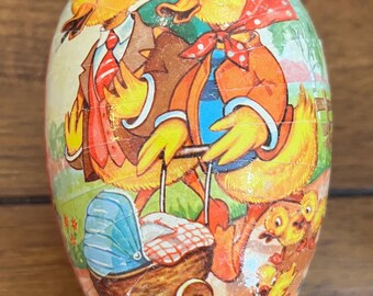 VGC Vintage German Easter Egg Opening Container, Paper Mache 4.5" x 2.75" Anthropomorphic Duck Family Walk Park Baby Carriage