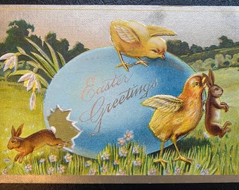 Rare Vintage 1910 Easter Postcard Anthropomorphic Chicks Hatch from Egg Catch Bunnies Gold Gilded Textured Embossed Antique Stamp Sent 295