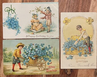 SET of 3 Rare Vintage 1909 German Birthday Postcard Victorian Kids Flowers Garden Gold Gilded Textured Embossed Antique Stamp Sent Unsent 42