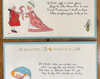 SET of 2 Rare Vintage 1917 Easter Wishes Postcard Victorian Girl Lady Egg Gifts Textured Gold Gilded Embossed Antique Red Stamp Sent 340