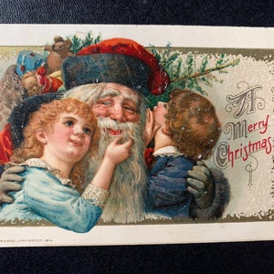 Almost Mint Santa Claus Hugging Children Antique German John Winsch Christmas Postcard Teddy Bear Doll Little Girl Boy 450/23 No 3900