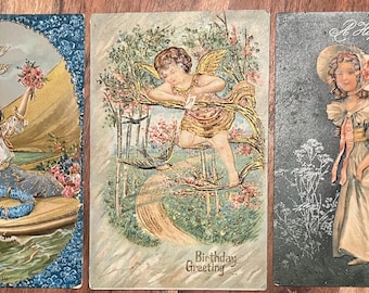 SET of 3 Rare Vintage 1909 German Birthday Postcard Victorian Girls Cherub Gold Silver Gilded Textured Embossed Antique Stamp Sent Unsent 67