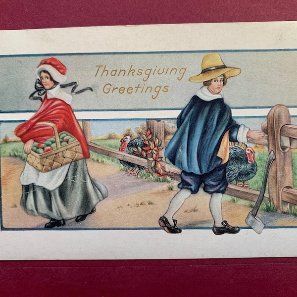 Pilgrim Couple Vintage Thanksgiving Romantic Glance Split Rail Fence Food Basket Axe Whitney Made Postcard Antique