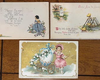 SET of 3 Rare Vintage 1909 Easter Greetings Postcard Victorian Girls Eggs Chicks Gold Gilded Textured Embossed Antique Stamp Sent Unsent 596