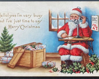 Rare Vintage 1915 Whitney Made Christmas Postcard Santa Call Telephone Gold Gilded Embossed Textured Antique Stamp Sent Undivided Back 835