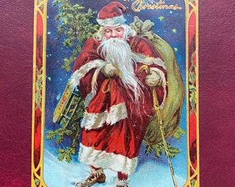 1910 Vintage Tuck's Post Card Christmas Gorgeous Santa Claus Walking Snow Cane Star Boots Belsnickel German Antique Stamp Sent 5