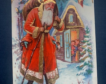 VGC Antique German Vintage Christmas Postcard Belsnickle Santa Claus Walking Stick Children Little Boy Girl Peek Door Cottage Gilded Glossy