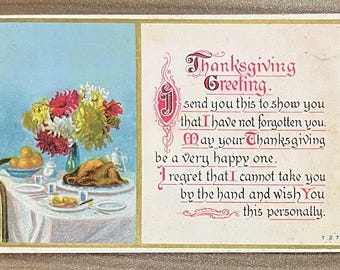 VGC Rare Vintage 1911 Thanksgiving Greetings Postcard Turkey Dinner Table Bouquet Poem Gold Gilded Textured Embossed Antique Stamp Sent 162