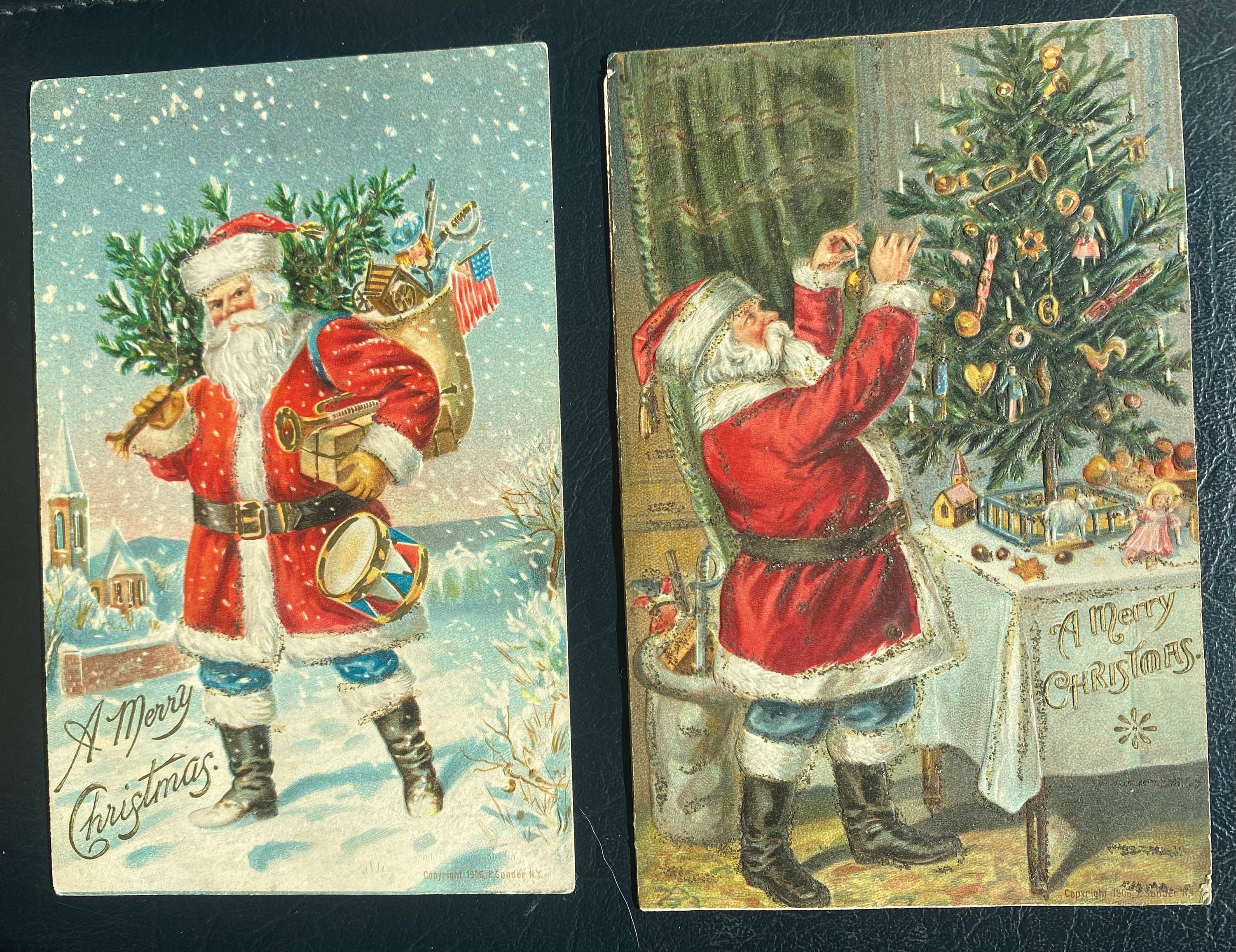SET of 2 Vintage 1906 Christmas Postcard Sander Santa Decorate