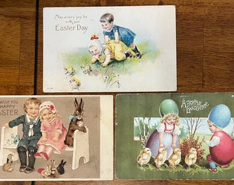 SET of 3 Rare Vintage 1910 Easter German Postcard Victorian Kids Play Chicks Eggs Gold Gilded Textured Embossed Antique Stamp Sent Unsent729