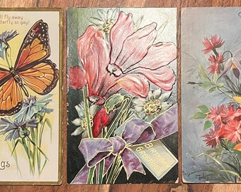 SET of 3 Rare Vintage 1907-10 German Birthday Postcard Flowers Garden Monarch Gold Gilded Textured Embossed Antique Stamp Sent Unsent 127
