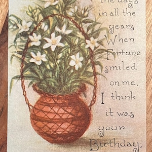 Rare Vintage 1916 Happy Birthday Postcard Beautiful Bouquet in Basket Fortune Poem Owen Card Pub. Company Untextured Antique Stamp Sent 181