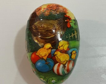 GC Vintage German Easter Egg Opening Container, Paper Mache 3.4" x 2.2" Rooster Watch Chicks Hatch from Colorful Striped Eggs