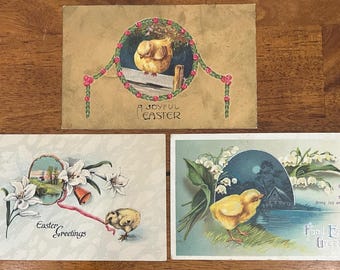 SET of 3 Rare Vintage 1912 German Easter Greeting Postcard Little Chicks Gold & Silver Gilded Textured Embossed Antique Stamp Sent Unsent 7x