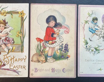 SET of 3 Rare Vintage 1911 Easter Postcard Stecher Victorian Girl w/ Bunny Eggs Gold Gilded Textured Embossed Antique Stamp Sent Unsent 9