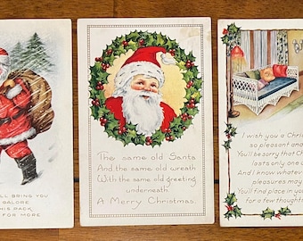 SET of 3 Rare Vintage 1916 Whitney Made Christmas Postcard Santa Gold Gilded Textured Embossed Antique Stamp Sent Unsent Undivided Back 766