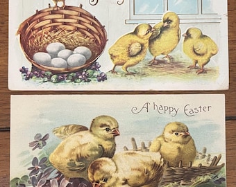 SET of 2 Rare Vintage 1908 German Happy Easter Greeting Postcard Chicks Play Peck Eggs Gold Gilded Textured Embossed Antique Stamp Sent 3c