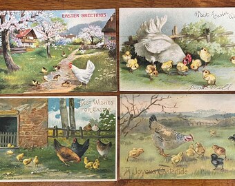 SET of 4 Rare Vintage 1911 Easter German Postcard Hens Roosters Baby Chicks Roam Gold Gilded Textured Embossed Antique Stamp Sent Unsent 930