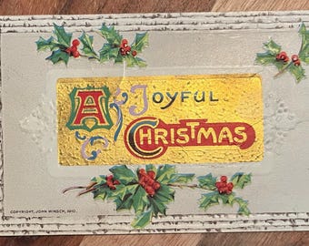 GC Rare Vintage 1910 John Winsch A Joyful Christmas German Postcard Holly Mistletoe Textured Embossed Gold Gilded Antique Stamp Sent 160