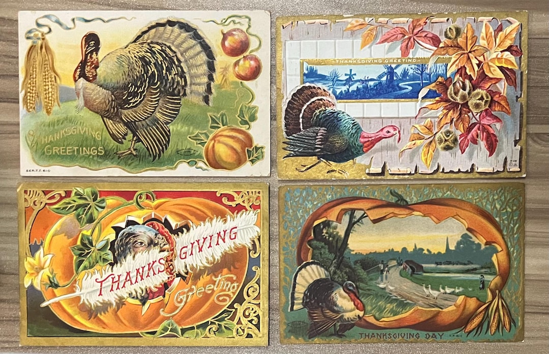 SET of 4 Rare Vintage 1910 Thanksgiving Postcard Turkey Pumpkin Autumn ...