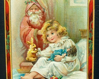 VGC Vintage 1910 Rare German Christmas Postcard Tuck & Sons Belsnickle Watch Girl Play Toys Textured Gilded Embossed Antique Stamp Sent 7i
