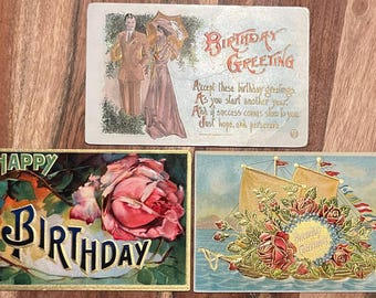 SET van 3 zeldzame vintage 1909 Duitse verjaardagskaart Victoriaans paar bloemen boot goud vergulde textuur reliëf antieke stempel verzonden niet-verzonden 1f