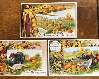 SET of 3 Rare Vintage 1909 Thanksgiving Greetings R. Veentliet Postcard Turkeys Corn Farm Textured Embossed Antique Stamp Sent Unsent 9u