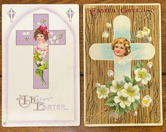 SET of 2 Rare Vintage 1912 Easter Stecher & German Postcard Cross Victorian Girls Cherub Gold Gilded Textured Antique Stamp Sent Unsent 899