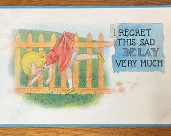 VGC Vintage 1913 Rare Postcard Joke Funny Young Girl Hung Up/Stuck On Fence Gate 'Regret This Sad Delay' Untextured Antique Sent 693