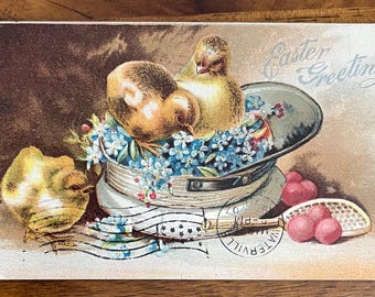 GC+ Rare Vintage 1907 Easter Greeting Postcard Baby Chicks Play in Hat Silver Gilded Textured Embossed Antique Stamp Sent Undivided Back 253