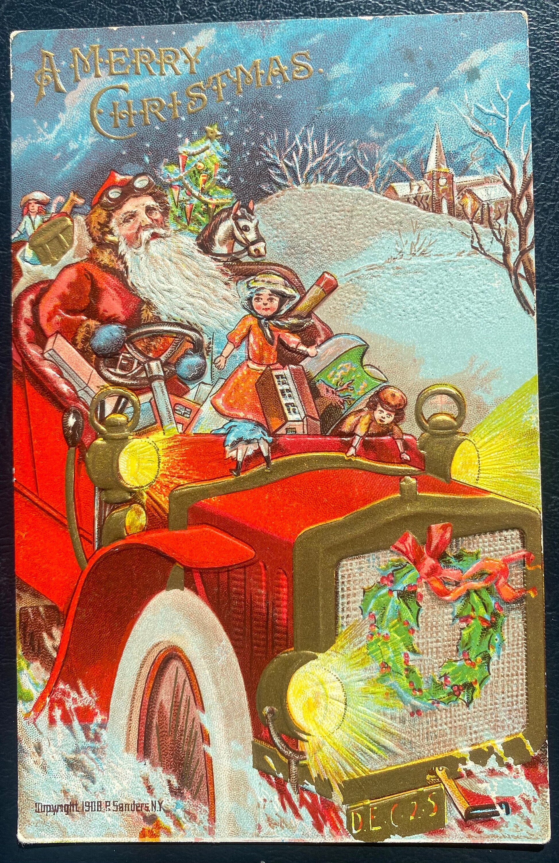Rare Vintage 1908 Merry Christmas P Sanders Postcard Santa Drive