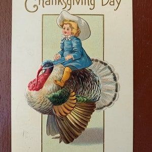 Antique Thanksgiving Postcard Vintage Little Girl Blue Dress Cowboy Hat Riding Tom Turkey Excellent Condition Embossed
