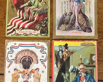 SET of 4 Rare Vintage 1907 German Thanksgiving Greetings Postcard Uncle Sam Turkeys Gold Gilded Textured Embossed Antique Stamp Sent 758