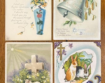 SET van 4 zeldzame vintage 1912 Duitse paasbriefkaart Cross Bells Lamb Bunnies getextureerde goud en zilver verguld reliëf antieke stempel verzonden 6c
