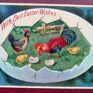 May include: Vintage Easter postcard featuring a cracked eggshell with a rooster and hen inside. The text "With Best Easter Wishes" is written in red at the top of the postcard.