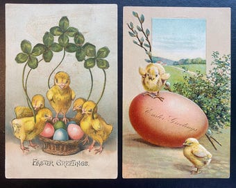 SET of 2 Rare Vintage '07 German Easter Greeting Postcard Chicks Basket Shamrock Clover Gold Gilded Textured Embossed Antique Stamp Sent 307