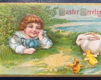 GC+ Rare Vintage 1910 Easter Greetings Postcard Young Victorian Boy Play w/ Bunny & Chicks Gold Gilded Textured Embossed Antique Unsent 624