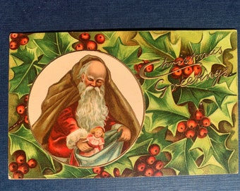 EXC+ Vintage Tuck's Post Card Christmas Gorgeous Santa Claus Packing Toys Sack Doll Holly Unsent German Antique