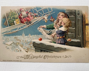Antique John Winsch 1913 Postcard Santa Claus Flying Airplane Children Catching Toys Vintage Excellent Embossed