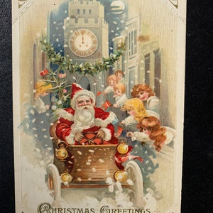 EXC Santa Claus Driving Antique Car on Street Children in Windows Waving Flags German John Winsch Christmas Postcard Embossed